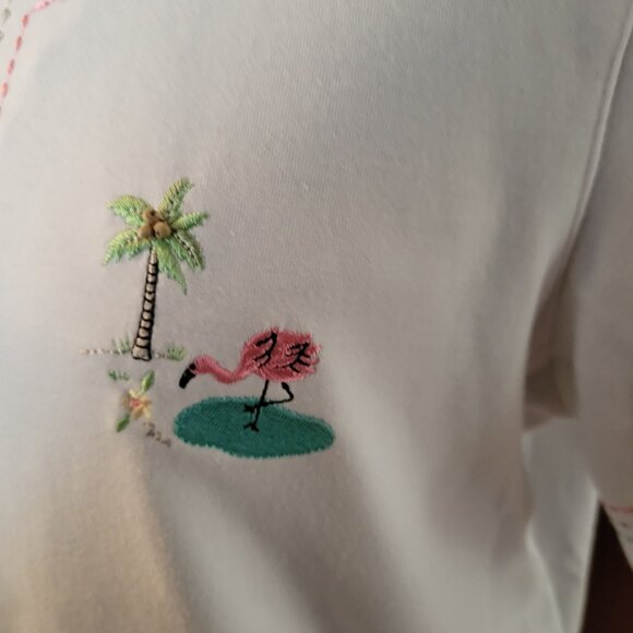 Alfred Dunner PM White Embroidered Flamingo & Palm Trees Cotton Blend Short Slee - Picture 9 of 10